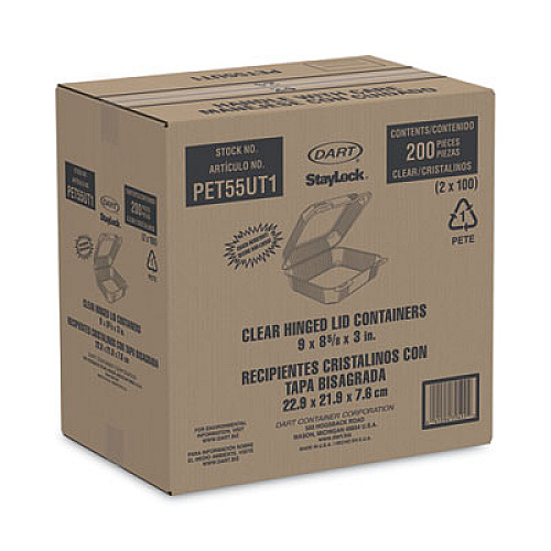 Dart StayLock Clear Hinged Lid Containers, 8.6 x 9 x 3, Clear, Plastic, 200/Carton (PET55UT1)