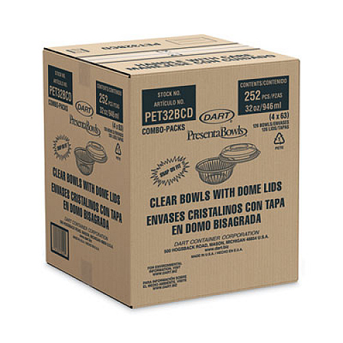 Dart PresentaBowls Bowl/Lid Combo-Paks, 32 oz, 7.25" Diameter x 2.88" h, Clear, Plastic, 63/Pack, 2 Pack/Carton (PET32BCD)