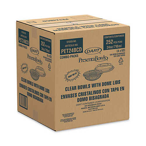 Dart PresentaBowls Bowl/Lid Combo-Paks, 24 oz, 7.25" Diameter x 2.38" h, Clear, Plastic, 63/Pack, 2 Pack/Carton (PET24BCD)