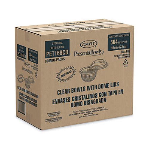 Dart PresentaBowls Bowl/Lid Combo-Paks, 16 oz, 5.38" Diameter x 2.6" h, Clear, Plastic, 63/Pack, 4 Pack/Carton (PET16BCD)