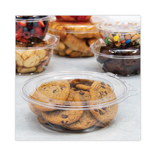 Dart SafeSeal Tamper-Resistant, Tamper-Evident Bowls with Flat Lid, 48 oz, 8.9" Diameter x 2.8" h, Clear, Plastic, 100/Carton (CTR48BF)