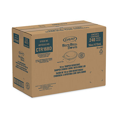 Dart SafeSeal Tamper-Resistant, Tamper-Evident Bowls with Dome Lid, 16 oz, 5.5" Diameter x 3.1" h, Clear, Plastic, 240/Carton (CTR16BD)