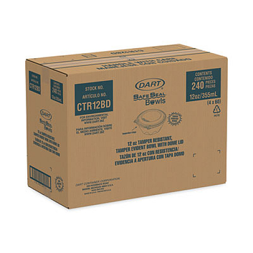 Dart SafeSeal Tamper-Resistant, Tamper-Evident Bowls with Dome Lid, 12 oz, 5.5" Diameter x 2.6" h, Clear, Plastic, 240/Carton (CTR12BD)