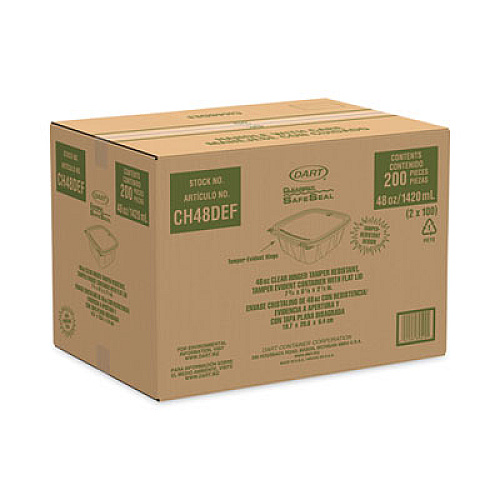 Dart ClearPac SafeSeal Tamper-Resistant/Evident Containers, Flat Lid, 48 oz, Clear, Plastic, 100/Bag, 2 Bags/Carton (CH48DEF)