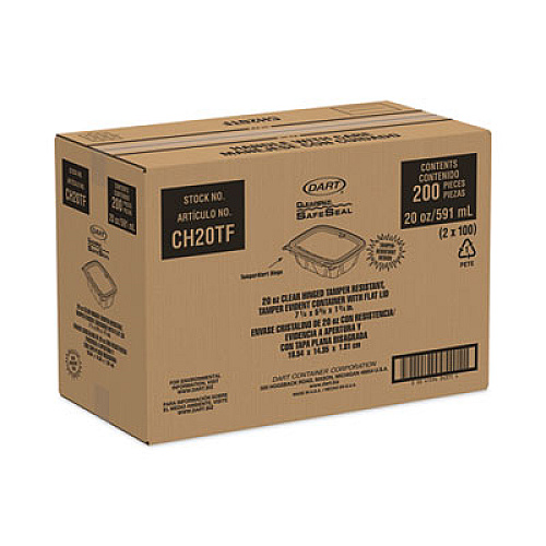 Dart ClearPac SafeSeal Tamper-Resistant, Tamper-Evident Containers, Tall, Flat Lid, 20 oz, Clear, Plastic, 200/Carton (CH20TF)