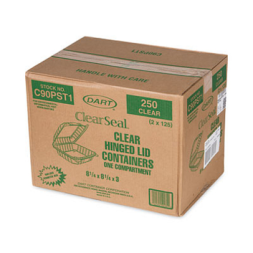 Dart ClearSeal Hinged-Lid Plastic Containers, 8.3 x 8.3 x 3, Clear, Plastic, 250/Carton (C90PST1)