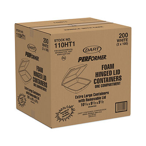 Dart Hinged Lid Carryout Container, 9.5 x 10.33 x 3.5, White, Foam, 100/Bag, 2 Bags/Carton (110HT1)