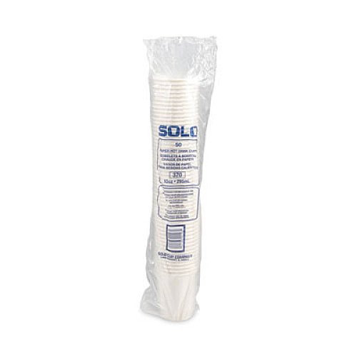 SOLO Single-Sided Poly Paper Hot Cups, 10 oz, White, 50/Sleeve, 20 Sleeves/Carton (370W)