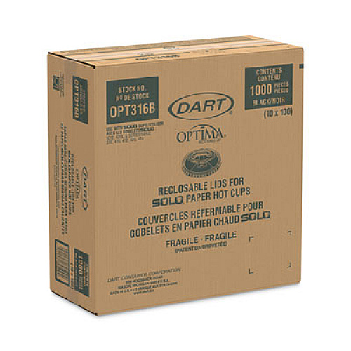 Dart Optima Reclosable Lids for Hot Paper Cups, Fits 10 oz to 24 oz Hot Cups, Plastic, Black, 1,000/Carton (OPT316B)