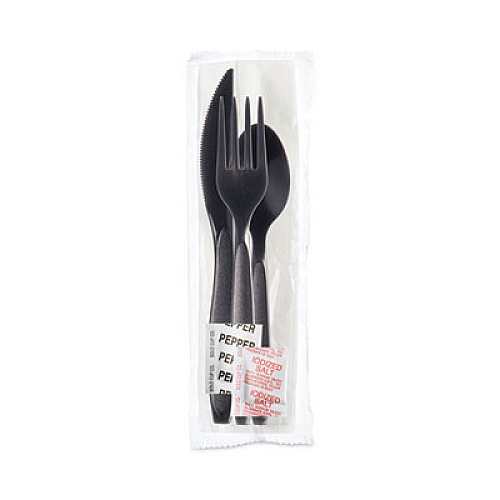 SOLO Reliance Mediumweight Cutlery Kit, Fork/Knife/Napkin/Pepper/Salt/Spoon, Plastic, Black, 250/Carton (RSK8Y0004)