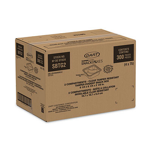 Dart TamperGuard Snack Boxes, 2 Compartments, 6.3 x 6.3 x 2.1, Clear, Plastic, 300/Carton (SBTG2)