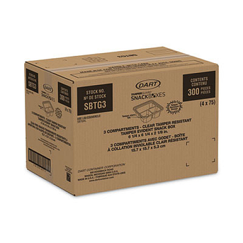 Dart TamperGuard Snack Boxes, 3 Compartments, 6.3 x 6.3 x 2.1, Clear, Plastic, 300/Carton (SBTG3)