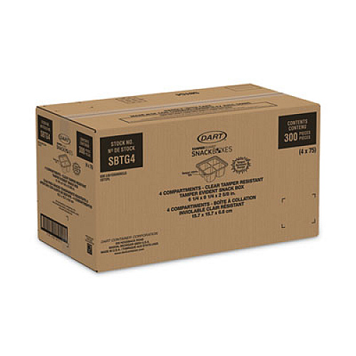 Dart TamperGuard Snack Boxes, 4 Compartments, 6.3 x 6.3 x 2.6, Clear, Plastic, 300/Carton (SBTG4)