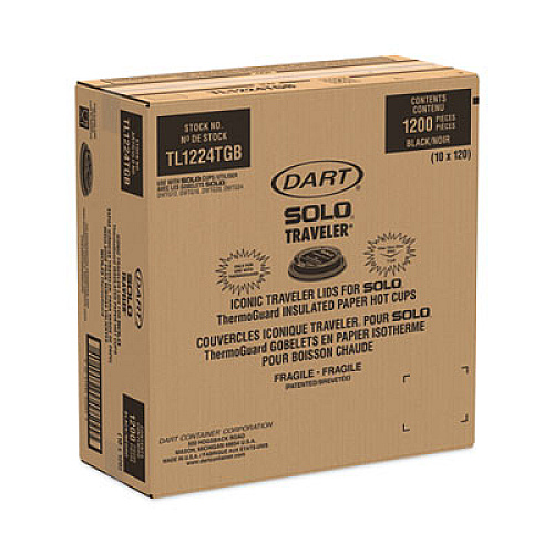Solo Traveler Sip Through Lids for ThermoGuard Hot Cups, Fits 12 oz to 24 oz Hot Cups, Plastic, Black, 1,200/Carton (TL1224TGB)