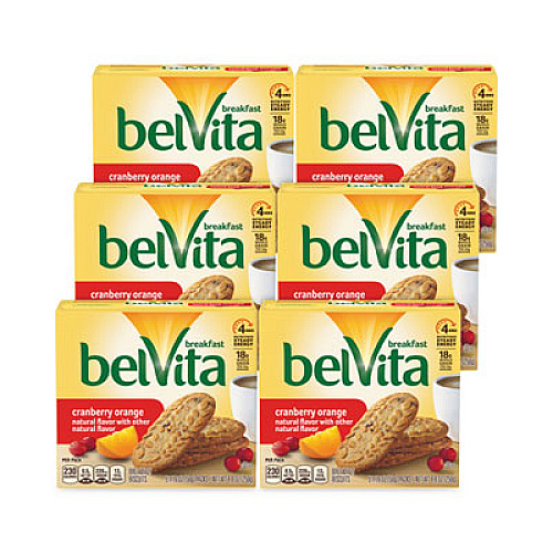 BelVita Cranberry Orange Crunchy Breakfast Biscuits, 1.76 oz Packet of 6, 5 Packs/Box, 6 Boxes/Carton (30700145)