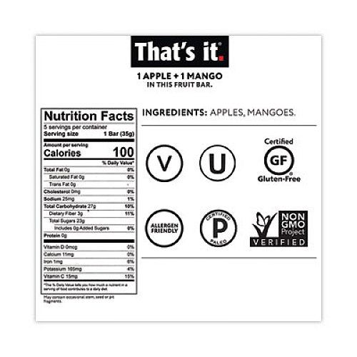Thats it. Nutrition Bar, Gluten Free Apple and Mango Fruit, 1.2 oz Bar, 12/Carton (30700257)
