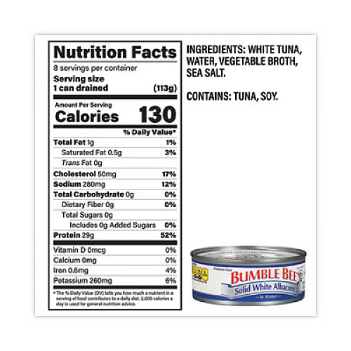 Bumble Bee Solid White Albacore Tuna in Water, 5 oz Can, 8/Pack (22000701)