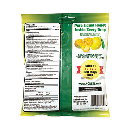 HONEES Cough Drops, Honey-Lemon, 20 per Bag, 6 Bags/Pack (29300005)