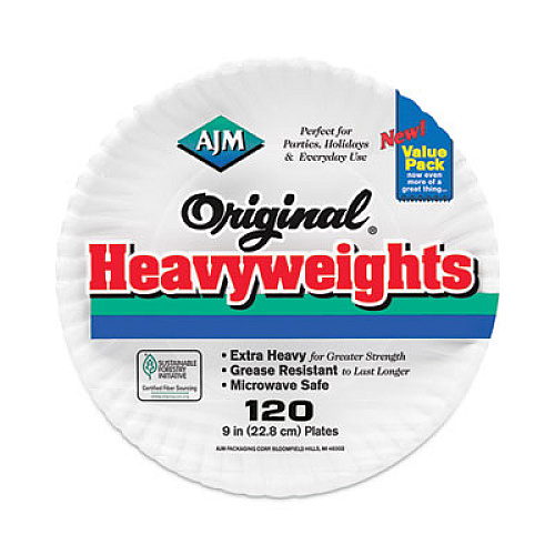 AJM Packaging Corporation Original Heavyweights Paper Plates, 9" dia, White, 120/Pack, 8 Packs/Carton (OH9AJBXWH)