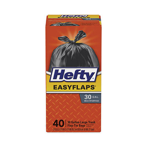 Hefty Easy Flaps Trash Bags, Tie-Flap, 30 gal, 0.85 mil, 30" x 33", Black, 40/Box (E27744)