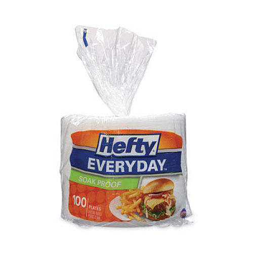 Hefty Soak Proof Tableware, Plate, Foam, 8.88" dia, White, 100/Pack (D28100)