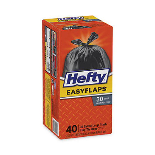 Hefty Easy Flaps Trash Bags, Tie-Flap, 30 gal, 0.85 mil, 30" x 33", Black, 40/Box (E27744)