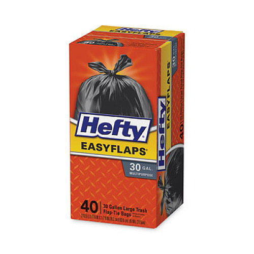 Hefty Easy Flaps Trash Bags, Tie-Flap, 30 gal, 0.85 mil, 30" x 33", Black, 40/Box (E27744)