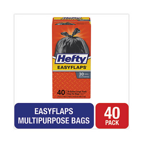 Hefty Easy Flaps Trash Bags, Tie-Flap, 30 gal, 0.85 mil, 30" x 33", Black, 40/Box (E27744)