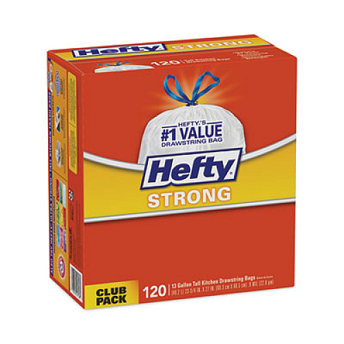 Hefty Strong Tall Kitchen Drawstring Bags, 13 gal, 23.75" x 27", White, 120 Bags/Box, 3 Boxes/Carton (E84562CT)