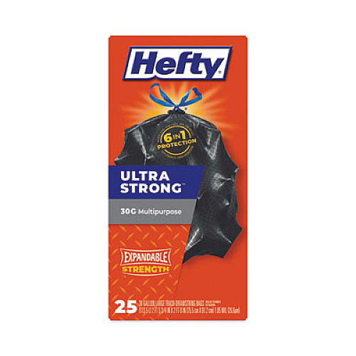 Hefty Ultra Flex Waste Bags, Drawstring, 30 gal, 1.05 mil, 6" x 2.1", Black, 150/Carton (E80627)