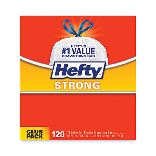 Hefty Strong Tall Kitchen Drawstring Bags, 13 gal, 23.75" x 27", White, 90 Bags/Box, 3 Boxes/Carton (E84574CT)