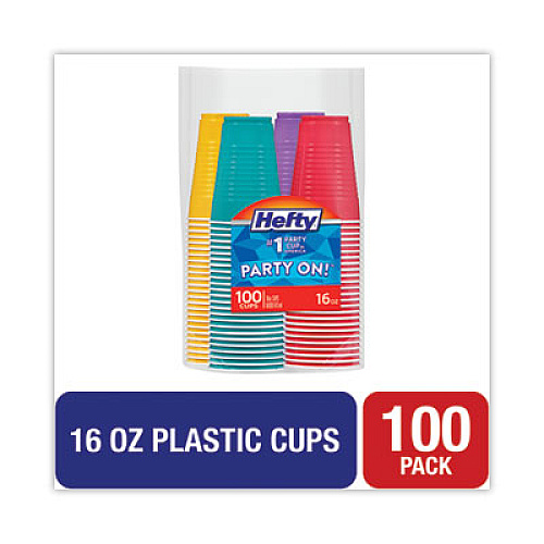 Hefty Easy Grip Disposable Plastic Party Cups, 16 oz, Bright Assorted Colors, 100/Pack (C21637)