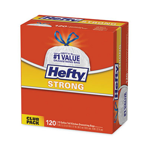 Hefty Strong Tall Kitchen Drawstring Bags, 13 gal, 23.75" x 27", White, 120 Bags/Box, 3 Boxes/Carton (E84562CT)