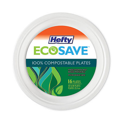 Hefty ECOSAVE Tableware, Plate, Sugarcane, 10.13" dia, White, 16/Pack, 12 Packs/Carton (D71016)
