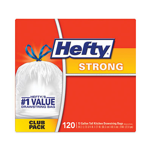 Hefty Strong Tall Kitchen Drawstring Bags, 13 gal, 23.75" x 27", White, 120 Bags/Box, 3 Boxes/Carton (E84562CT)