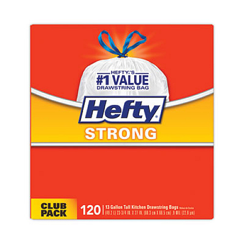 Hefty Strong Tall Kitchen Drawstring Bags, 13 gal, 23.75" x 27", White, 120 Bags/Box, 3 Boxes/Carton (E84562CT)