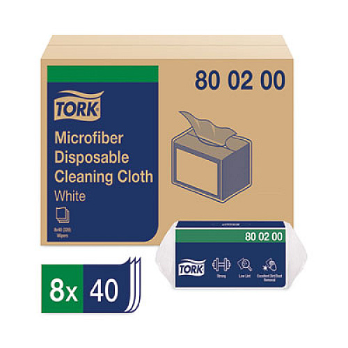 Tork Microfiber Disposable Cleaning Cloth, 1-Ply, 11.6 x 13.4, Unscented, White, 40 Wipes/Pack, 8 Packs/Carton (800200)