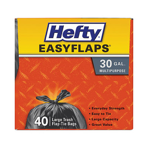 Hefty Easy Flaps Trash Bags, Tie-Flap, 30 gal, 0.85 mil, 30" x 33", Black, 40 Bags/Box, 6 Boxes/Carton (E27744CT)