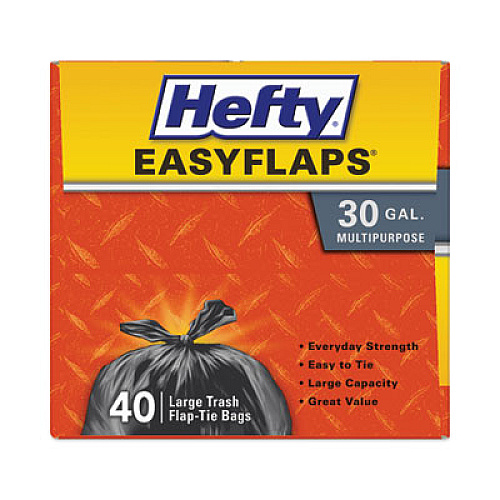 Hefty Easy Flaps Trash Bags, Tie-Flap, 30 gal, 0.85 mil, 30" x 33", Black, 40 Bags/Box, 6 Boxes/Carton (E27744CT)