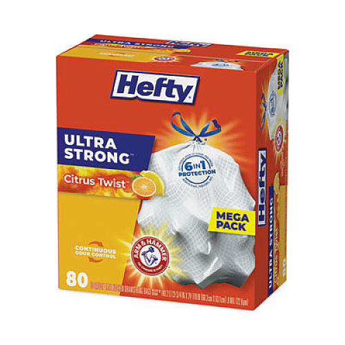 Hefty Extra Heavy-Duty Ultra Strong Scented Tall Kitchen Bags, Drawstring, 13 gal, Citrus Twist, 23.75" x 24.88", White, 80/Box (E88354)