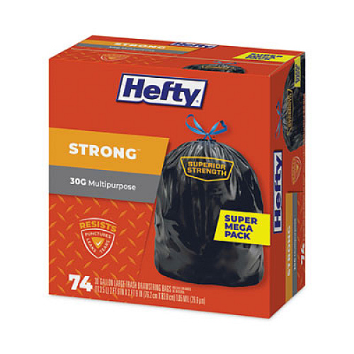 Hefty Strong Multipurpose Drawstring Trash Bags, 30 gal, 1.1 mil, 30" x 33", Black, 74 Bags/Box, 3 Boxes/Carton (E85274CT)