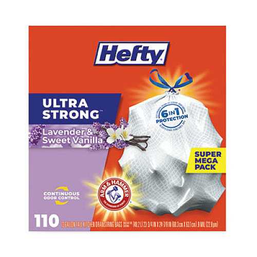 Hefty Ultra Strong Scented Tall Kitchen Bags, Drawstring, 13 gal, Lavender/Vanilla, 23.75" x 24.88", White, 110/Box, 3 Boxes/Carton (E88366CT)