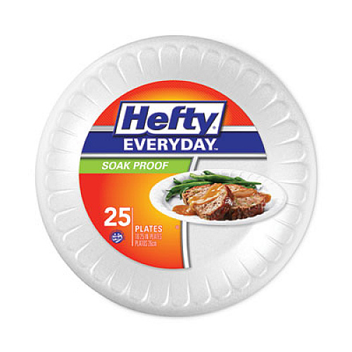 Hefty Soak Proof Tableware, Plate, Foam, 10.25" dia, White, 25/Pack, 10 Packs/Carton (D21029CT)