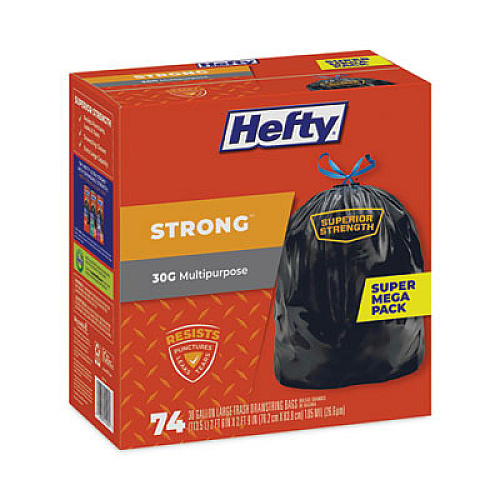 Hefty Strong Multipurpose Drawstring Trash Bags, 30 gal, 1.1 mil, 30" x 33", Black, 74 Bags/Box, 3 Boxes/Carton (E85274CT)