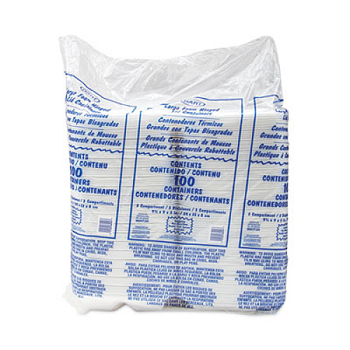 Dart Foam Hinged Lid Container, 3 Compartments, 8 oz, 9 x 9.4 x 3, White, 100/Sleeve, 2 Sleeves/Carton (90HT3R)