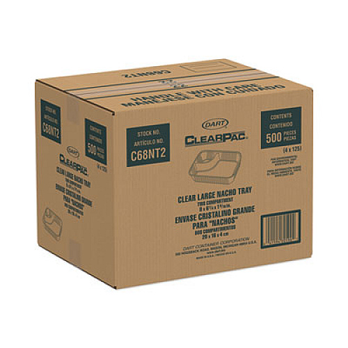 Dart ClearPac Large Nacho Tray, 2 Compartments, 3.3 oz, 6.2 x 6.2 x 1.6, Clear, Plastic, 500/Carton (C68NT2)