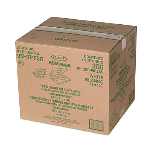Dart Foam Hinged Lid Container, 3 Compartments, 9.3 x 9.5 x 3, White, 100/Bag, 2 Bag/Carton (95HTPF3R)