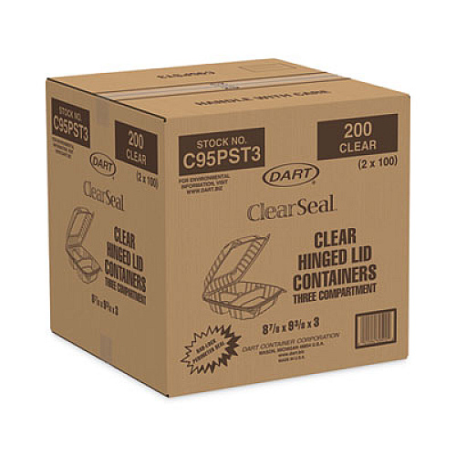 Dart ClearSeal Hinged-Lid Plastic Containers, 3 Compartments, 9.4 x 8.9 x 3, Plastic, 100/Bag, 2 Bags/Carton (C95PST3)