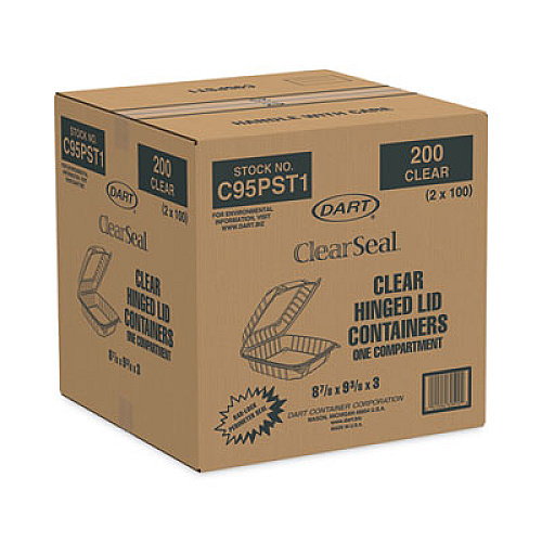 Dart ClearSeal Hinged-Lid Plastic Containers, 9.3 x 8.8 x 3, Clear, Plastic, 100/Bag, 2 Bags/Carton (C95PST1)