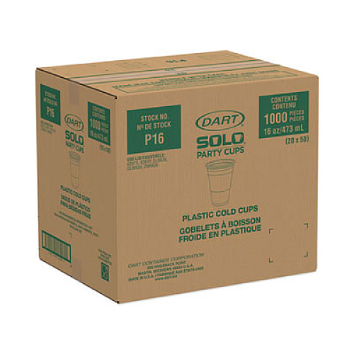 Dart SOLO Party Plastic Cold Drink Cups, 16 oz, 50/Sleeve, 20 Sleeves/Carton (P16)
